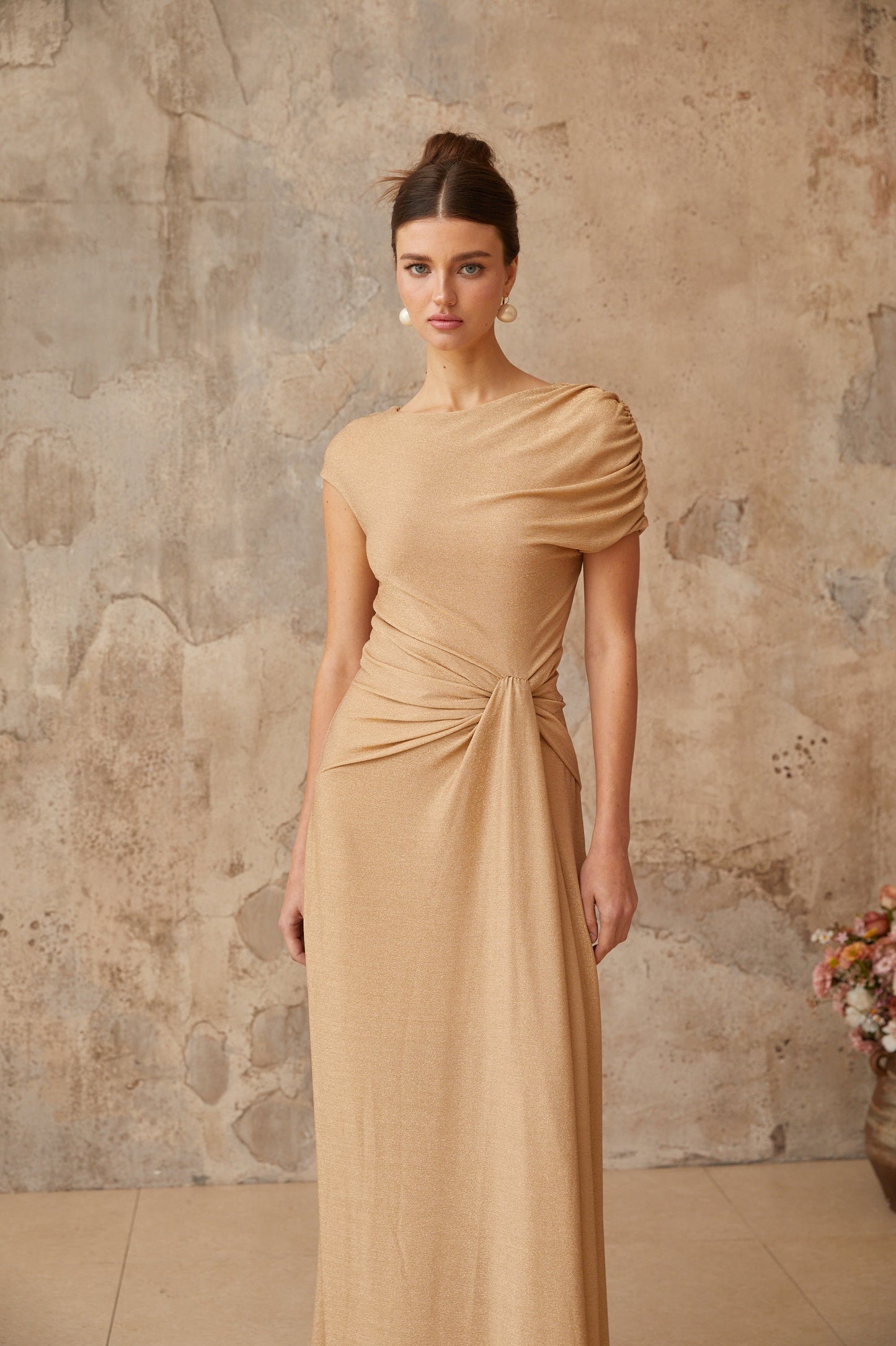 Rosalie gold asymmetrical pleated maxi dress