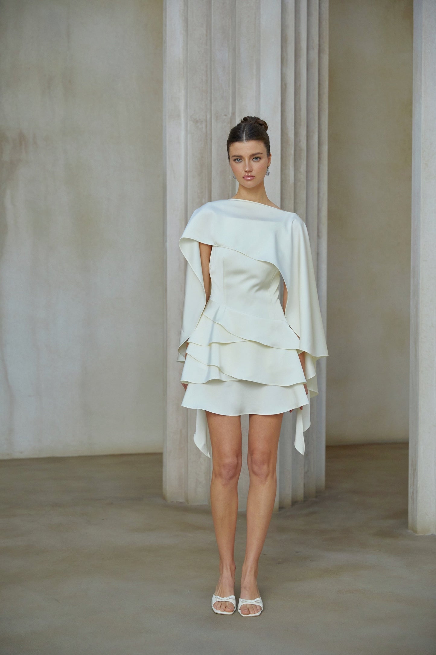 Lyna White Satin Ruffled Mini Dress with Shawl Panel Detail