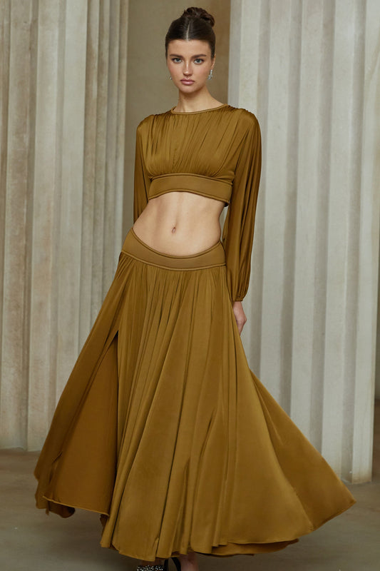 Daphné Green Fully Pleated Two-Piece Blouse and Skirt Set