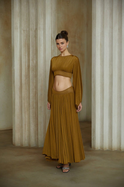 Daphné Green Fully Pleated Two-Piece Blouse and Skirt Set