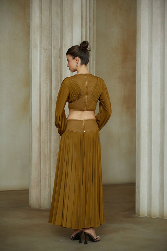 Daphné Green Fully Pleated Two-Piece Blouse and Skirt Set