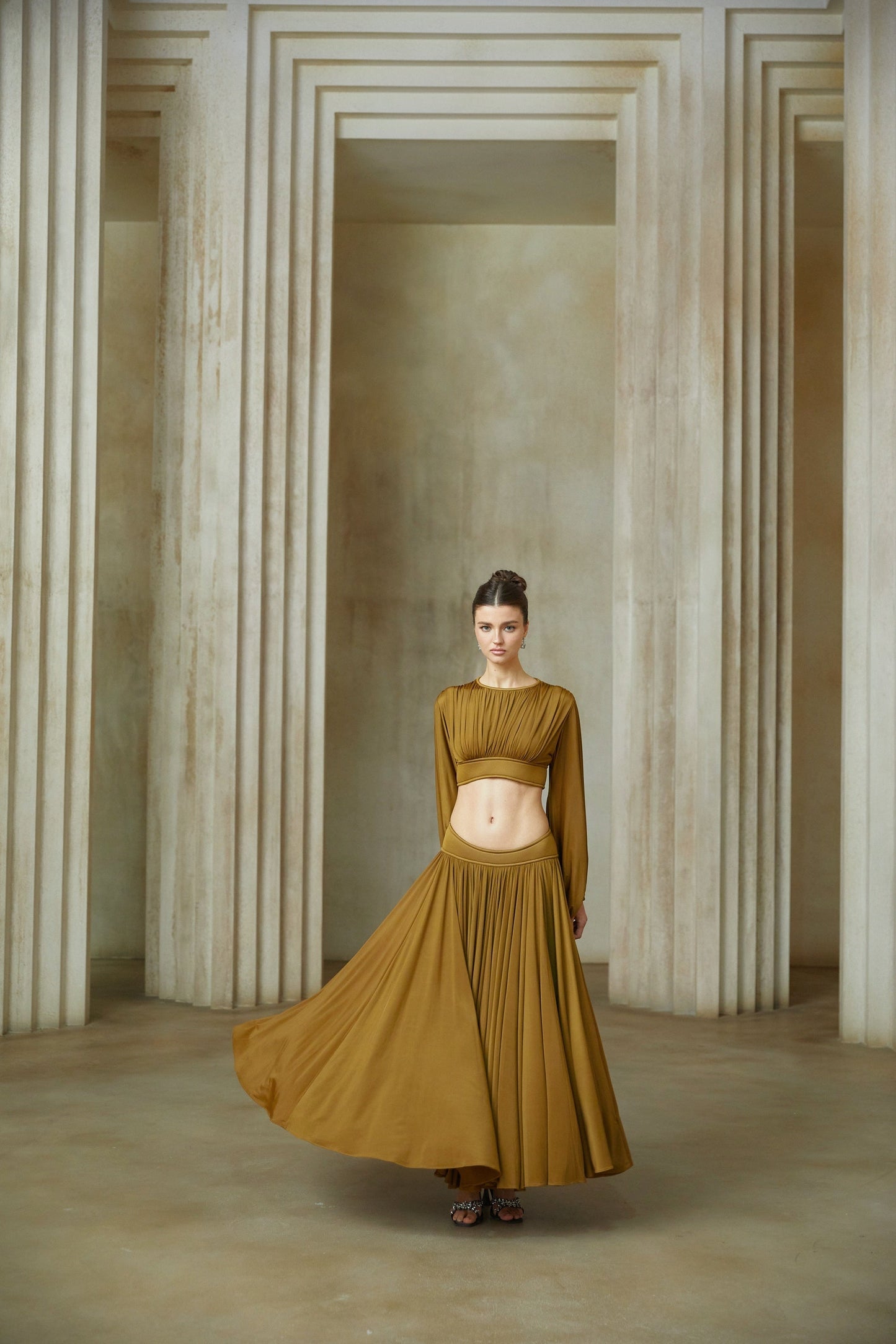 Daphné Green Fully Pleated Two-Piece Blouse and Skirt Set