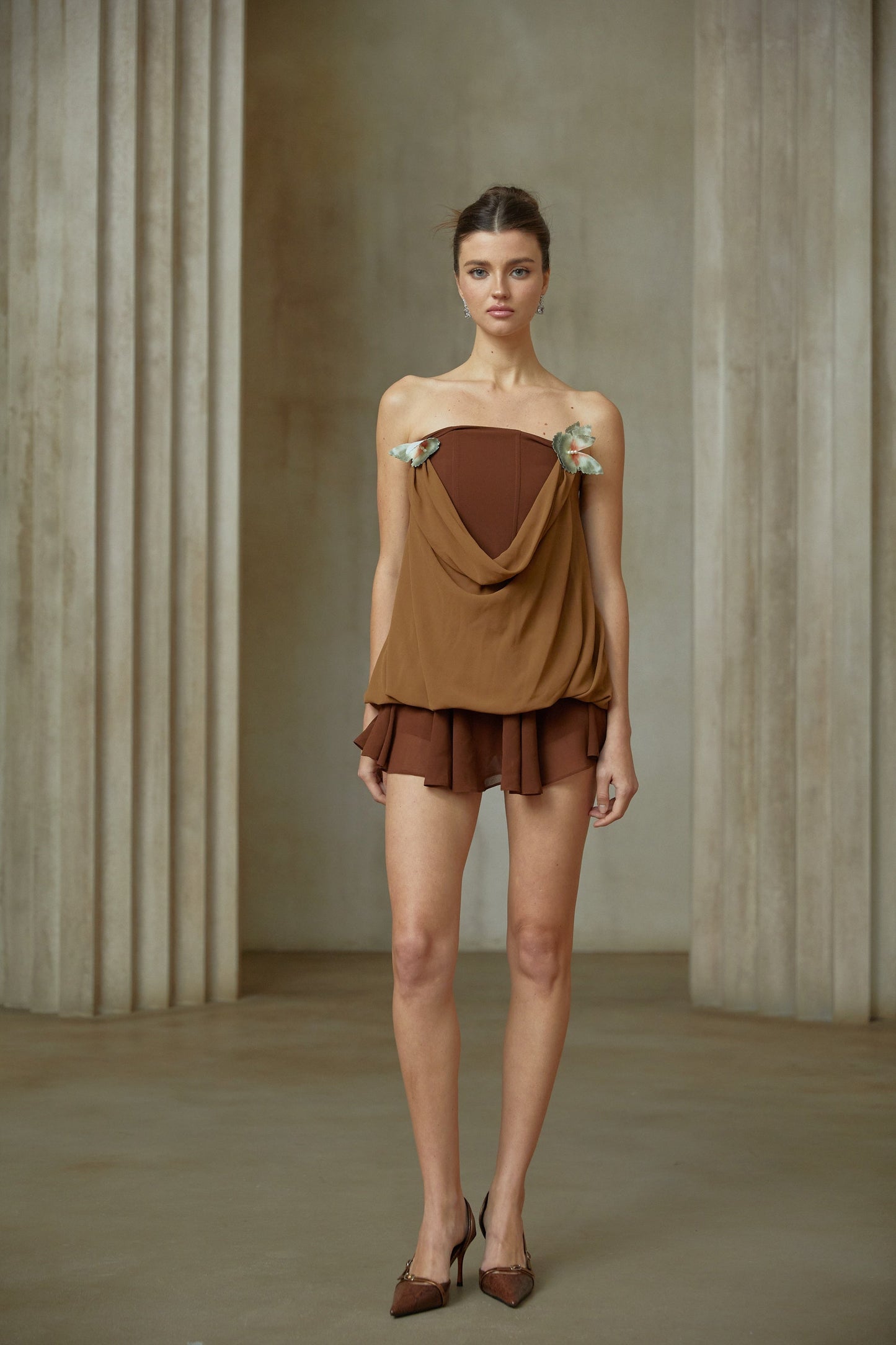 Vanessa brown butterfly-pin panelled top & skirt matching set