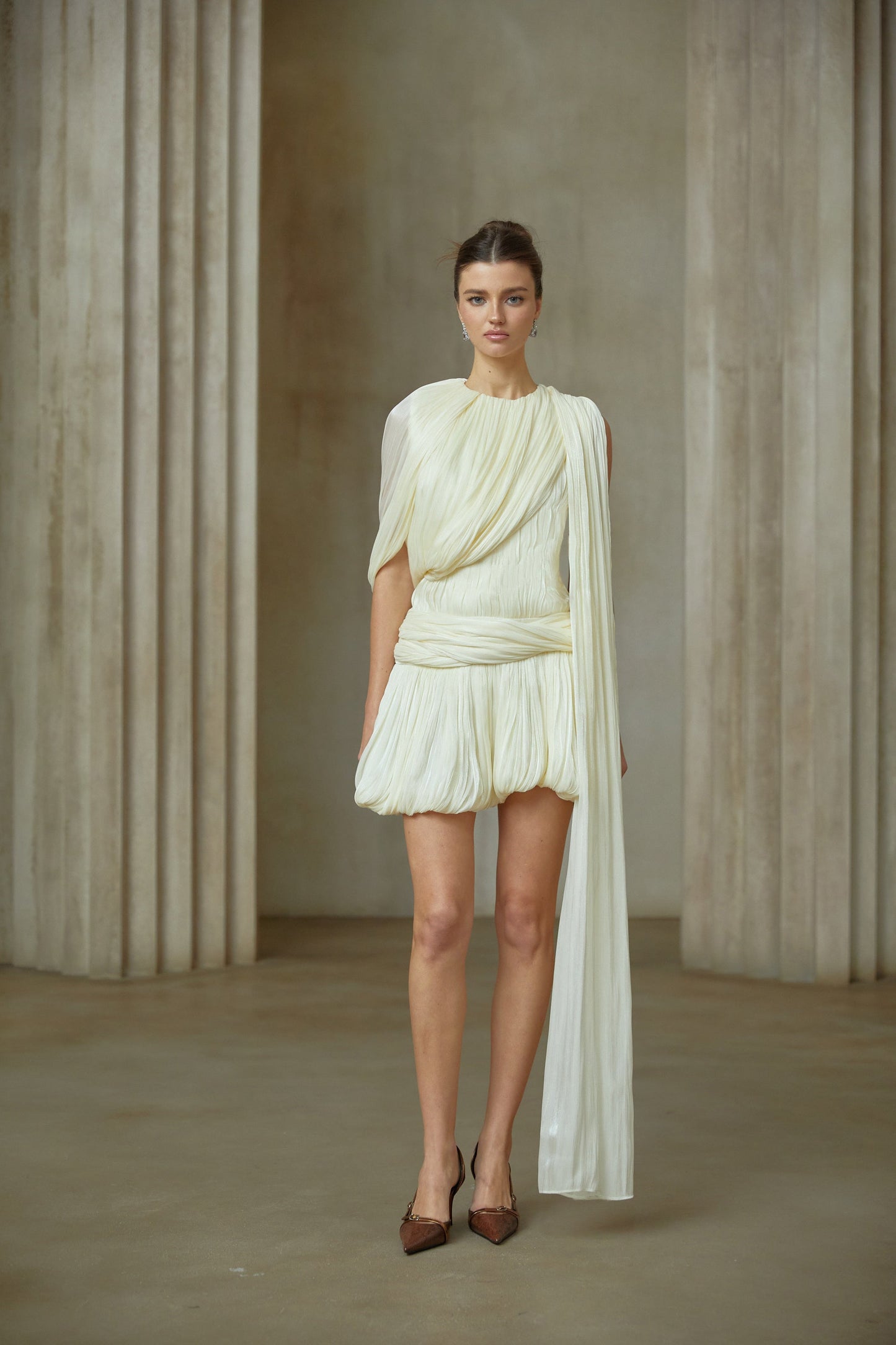 Cyrielle Pleated Mini Dress with Ribbon Design Accent