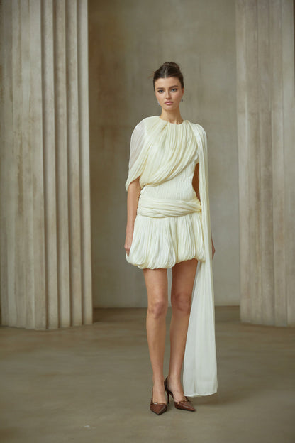 Cyrielle Pleated Mini Dress with Ribbon Design Accent