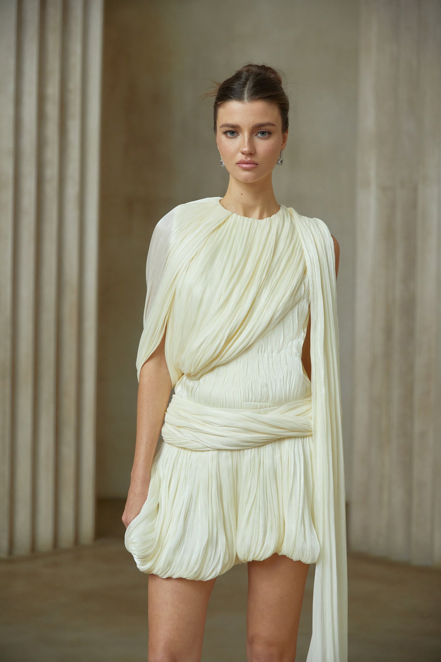 Cyrielle Pleated Mini Dress with Ribbon Design Accent