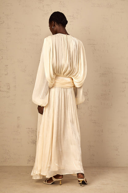 Eugénie Pleated Ruffle Maxi Dress in Neutral