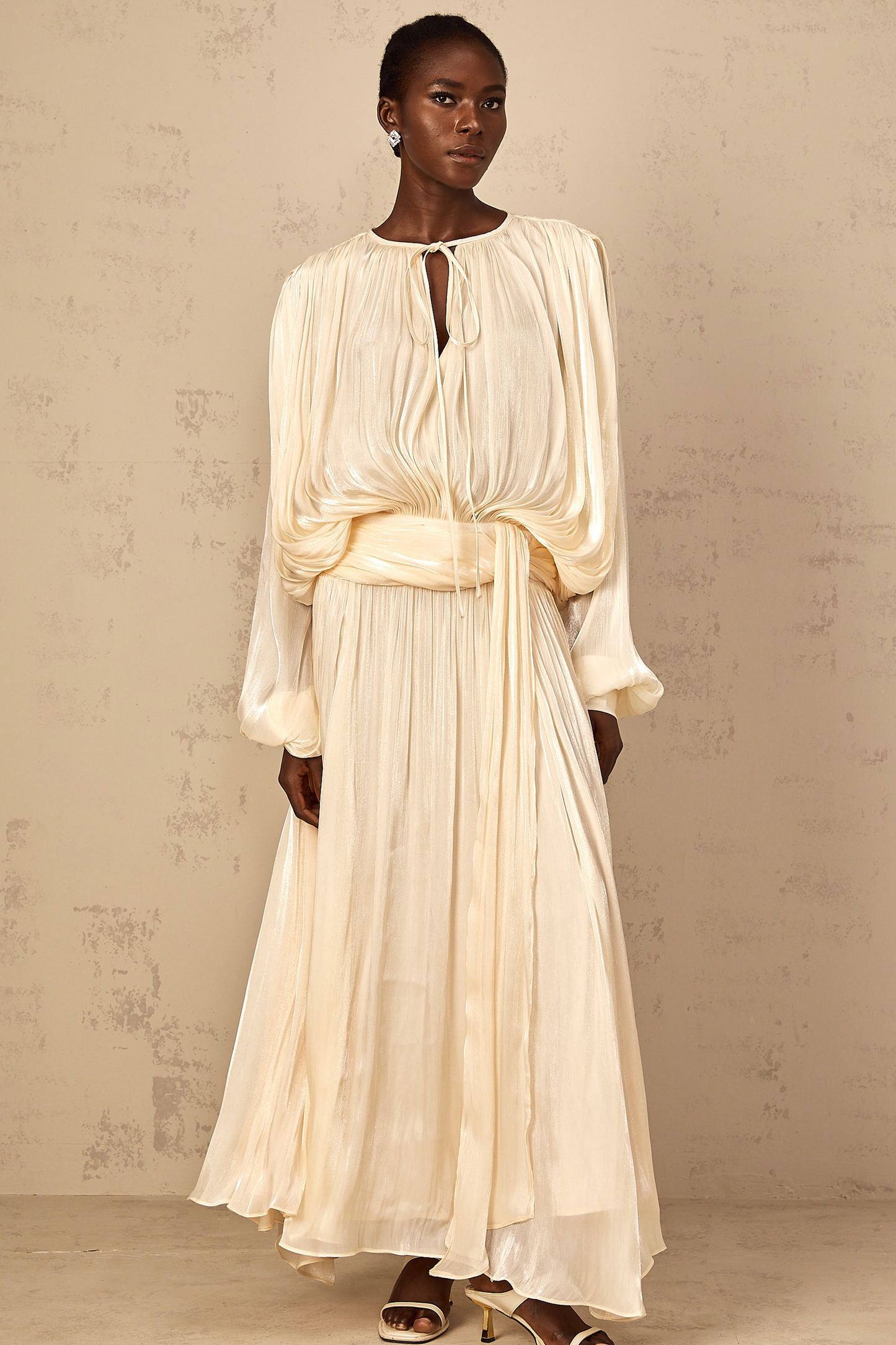 Eugénie Pleated Ruffle Maxi Dress in Neutral