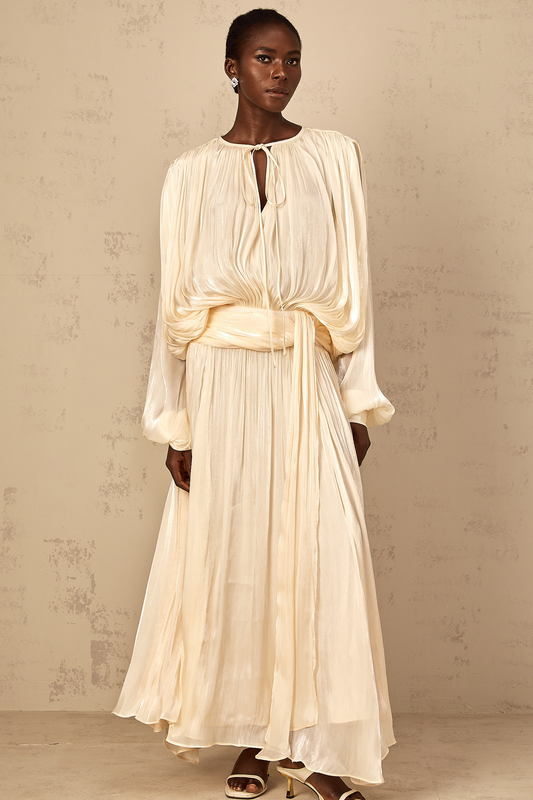 Eugénie Pleated Ruffle Maxi Dress in Neutral