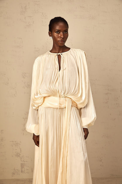 Eugénie Pleated Ruffle Maxi Dress in Neutral