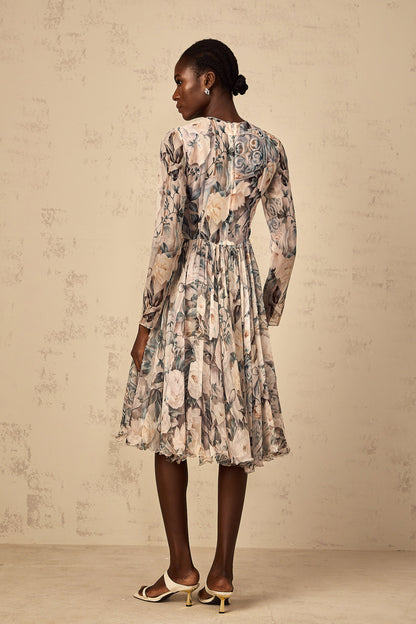 Mélanie Floral Print Pleated Chiffon Midi Dress