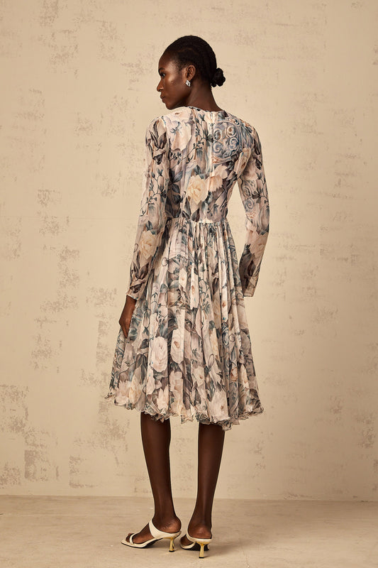 Mélanie Floral Print Pleated Chiffon Midi Dress