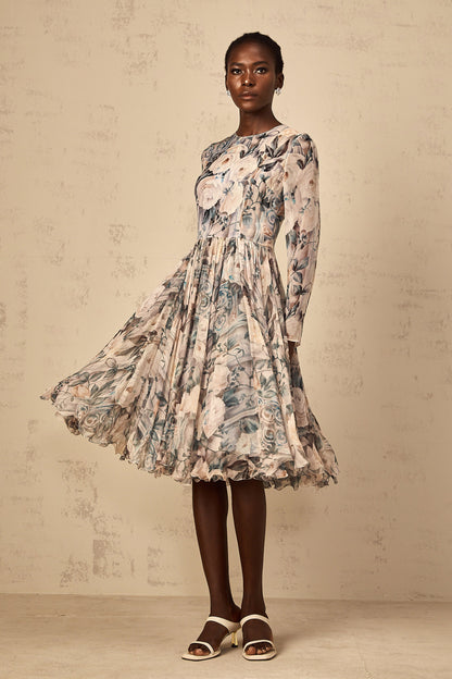 Mélanie Floral Print Pleated Chiffon Midi Dress