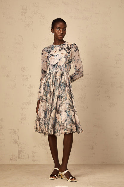 Mélanie Floral Print Pleated Chiffon Midi Dress
