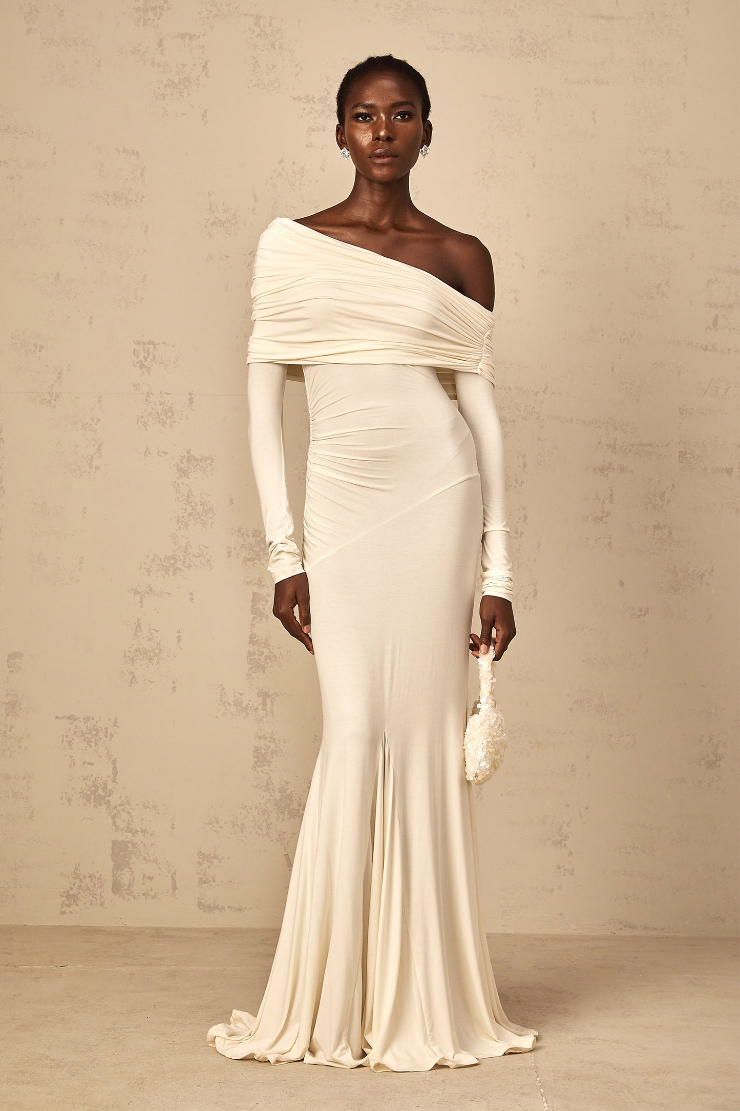 Delphine White Off-Shoulder Ruched Maxi Dress