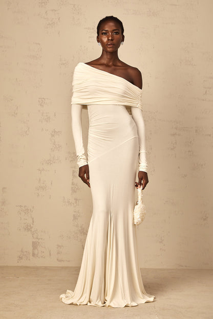 Delphine White Off-Shoulder Ruched Maxi Dress