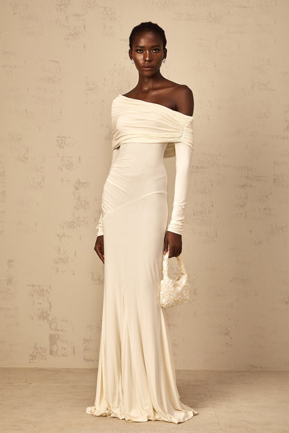 Delphine White Off-Shoulder Ruched Maxi Dress