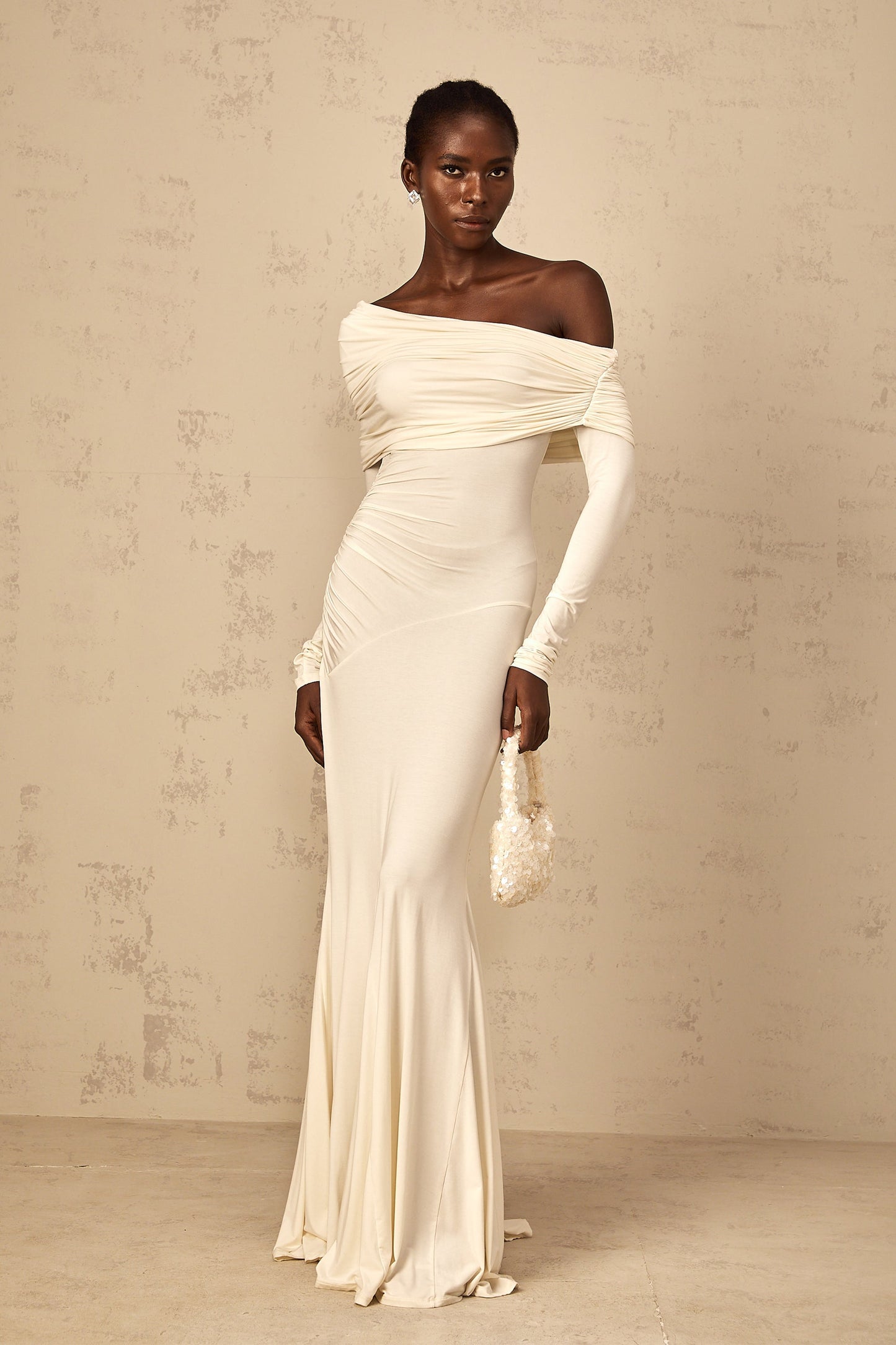 Delphine White Off-Shoulder Ruched Maxi Dress
