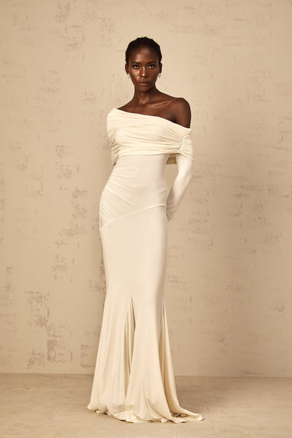 Delphine White Off-Shoulder Ruched Maxi Dress