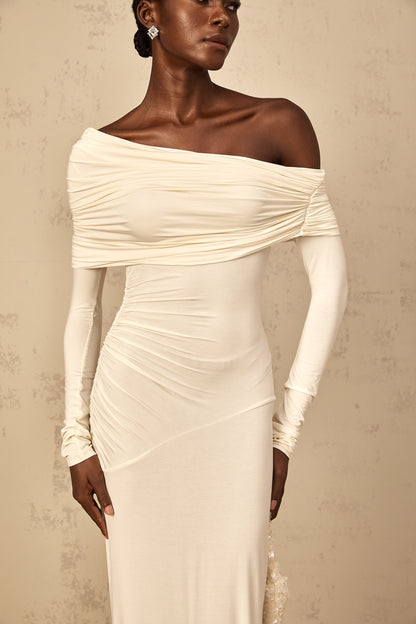 Delphine White Off-Shoulder Ruched Maxi Dress