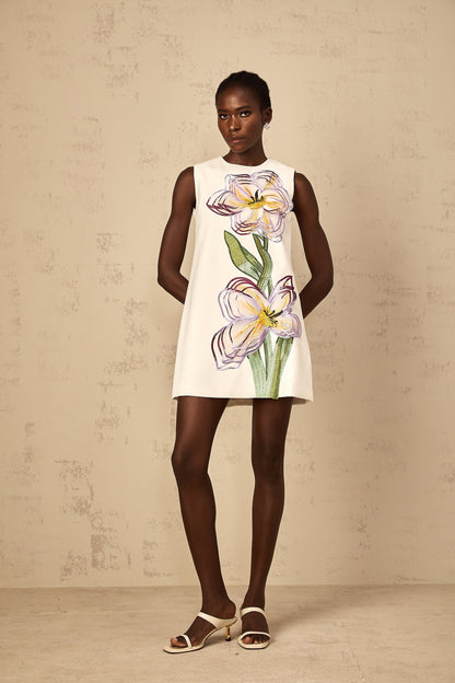 Irène White Sequin Floral Embroidered Mini Dress