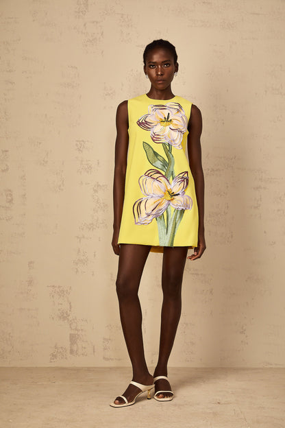 Irène Yellow Sequin Floral Embroidered Mini Dress