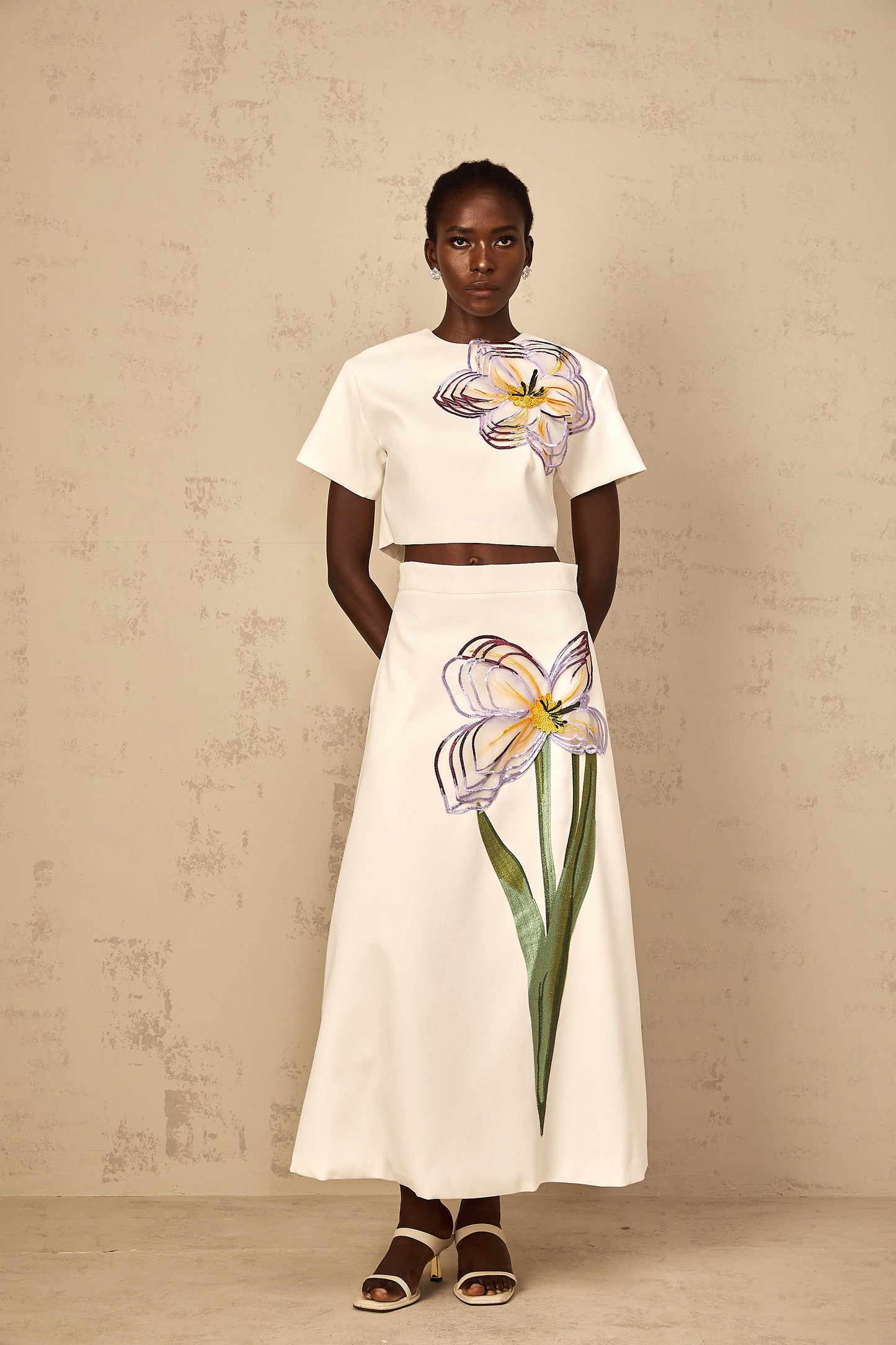Irène White Sequin Floral Embroidered Matching Set