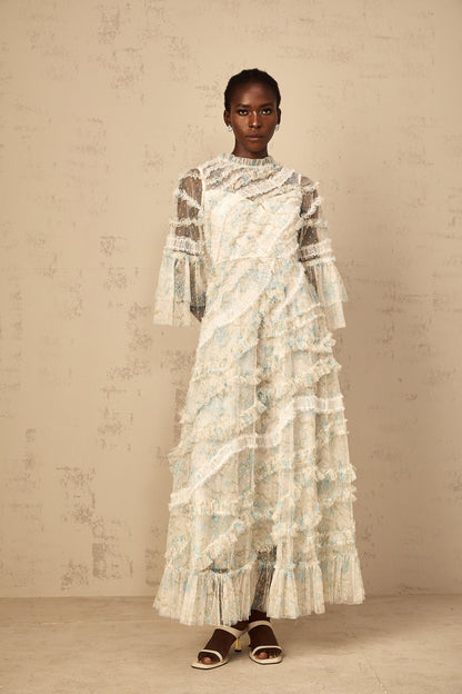 Aurianne Blue Floral Print Ruffled Tulle Maxi Dress