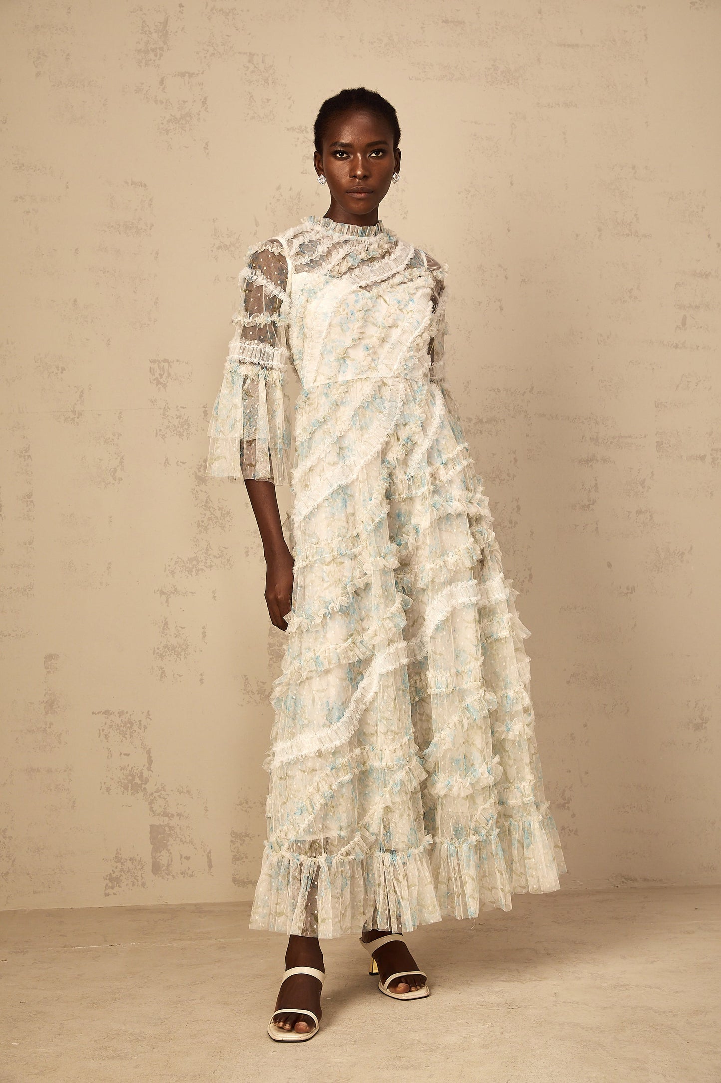 Aurianne Blue Floral Print Ruffled Tulle Maxi Dress