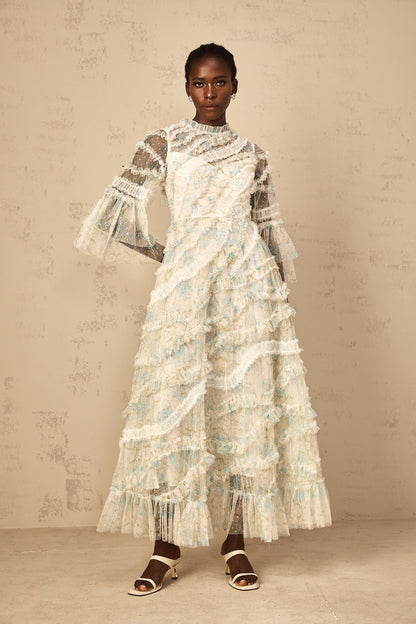 Aurianne Blue Floral Print Ruffled Tulle Maxi Dress