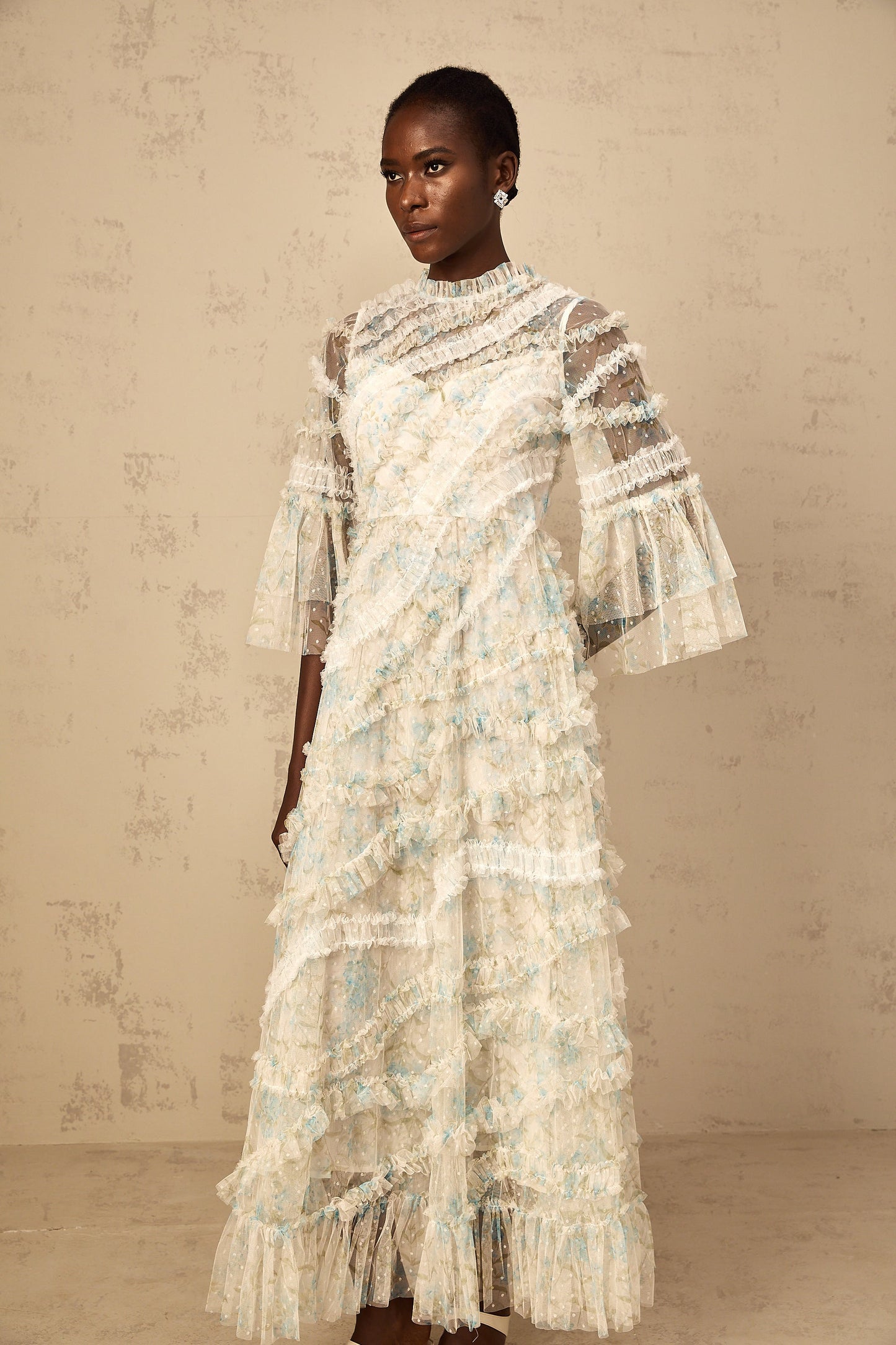 Aurianne Blue Floral Print Ruffled Tulle Maxi Dress