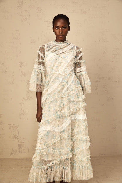 Aurianne Blue Floral Print Ruffled Tulle Maxi Dress