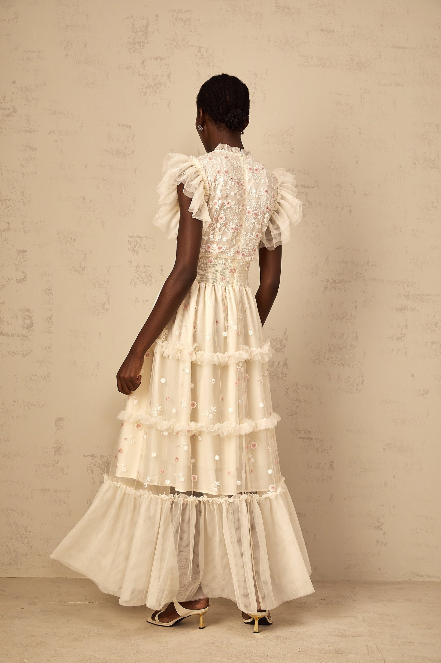 Caméo Cream White Floral Embroidered Tiered Tulle Maxi Dress