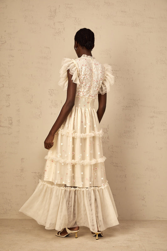 Caméo Cream White Floral Embroidered Tiered Tulle Maxi Dress
