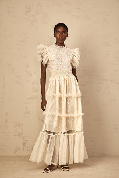 Caméo Cream White Floral Embroidered Tiered Tulle Maxi Dress