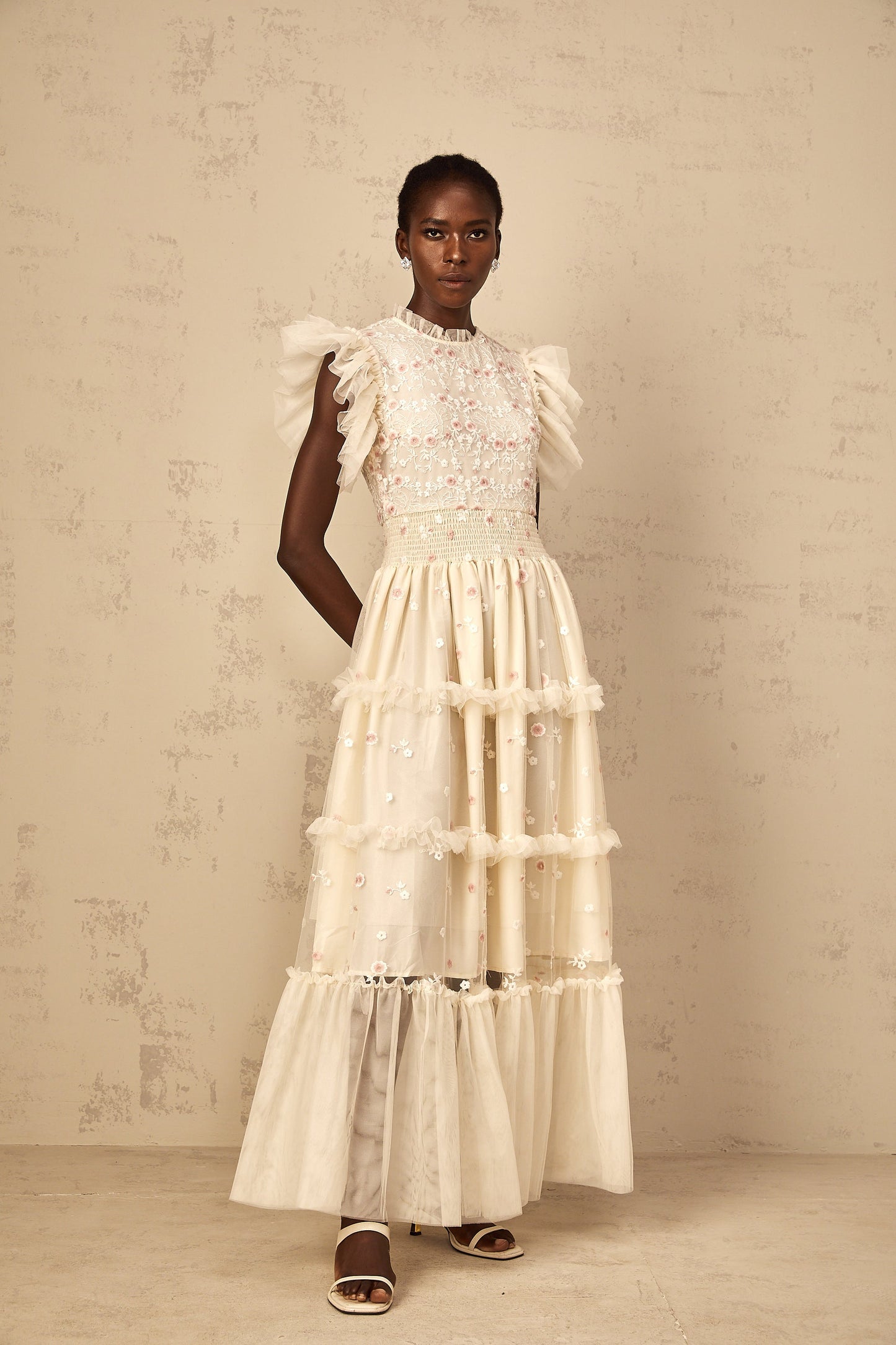 Caméo Cream White Floral Embroidered Tiered Tulle Maxi Dress
