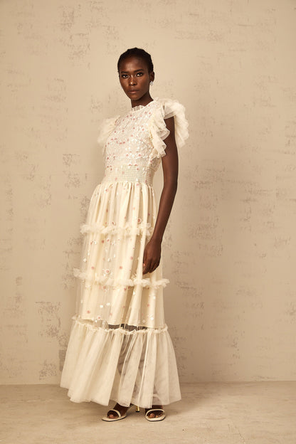 Caméo Cream White Floral Embroidered Tiered Tulle Maxi Dress