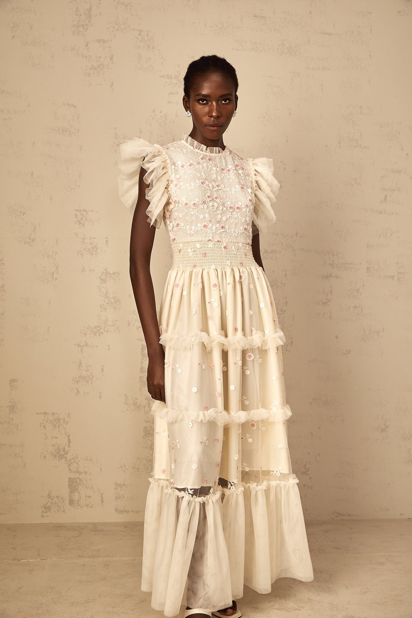 Caméo Cream White Floral Embroidered Tiered Tulle Maxi Dress