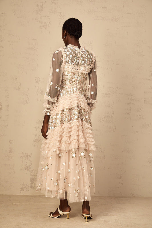 Dianthe Floral Embroidered Tiered Tulle Maxi Dress