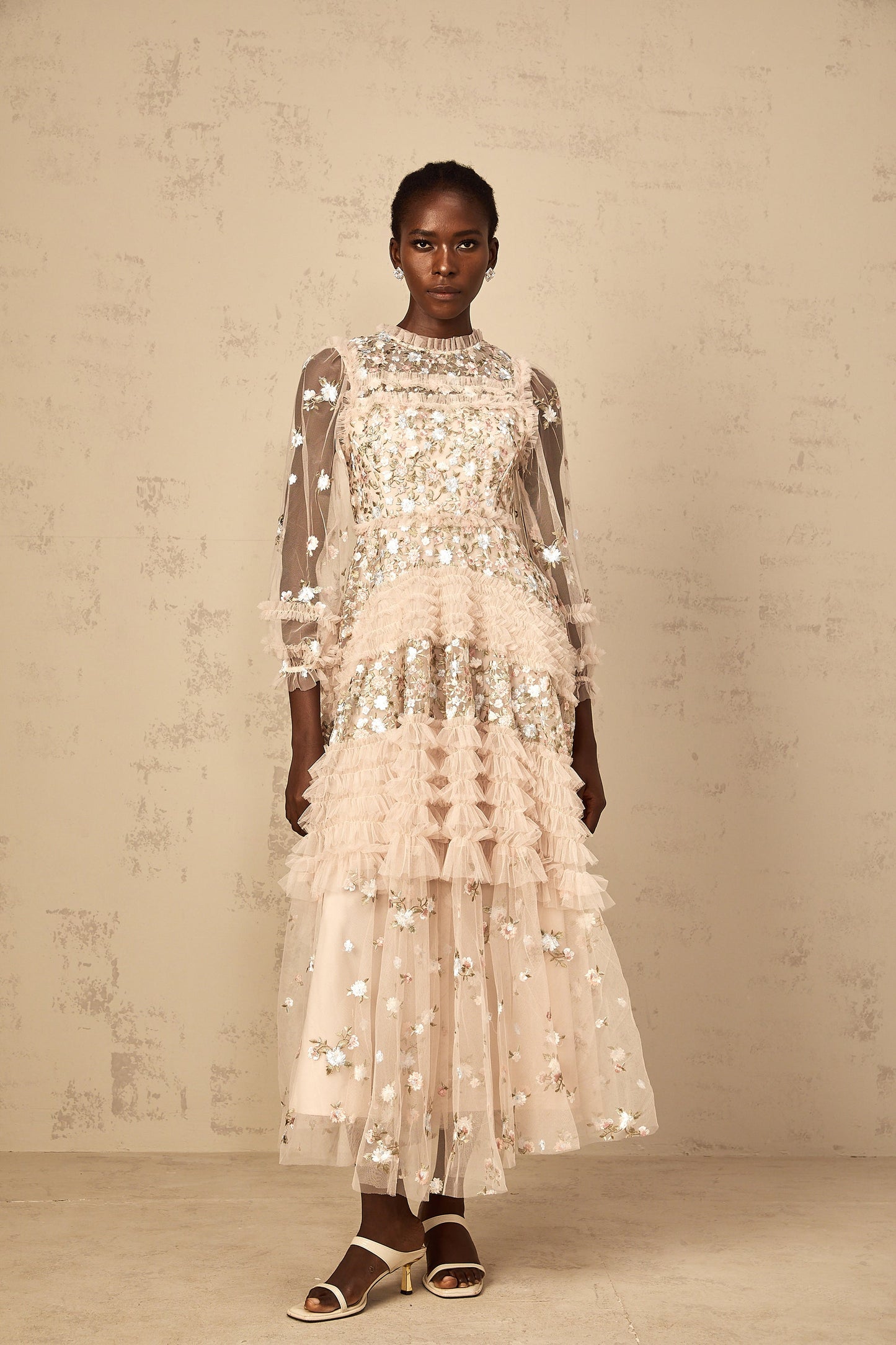 Dianthe Floral Embroidered Tiered Tulle Maxi Dress