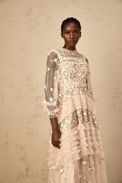 Dianthe Floral Embroidered Tiered Tulle Maxi Dress