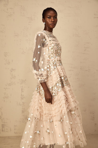 Dianthe Floral Embroidered Tiered Tulle Maxi Dress