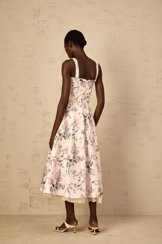 Eole Pink Floral Print Shirred Midi Dress