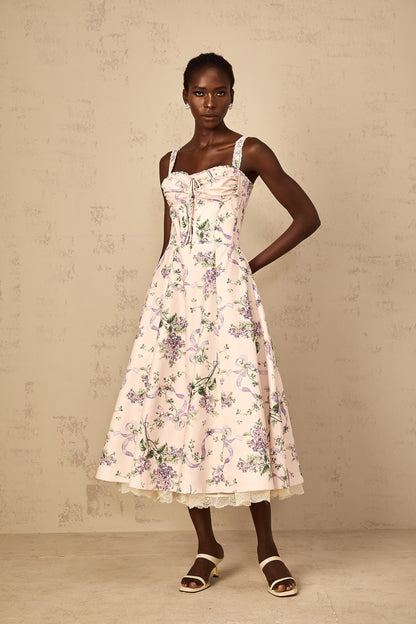 Eole Pink Floral Print Shirred Midi Dress