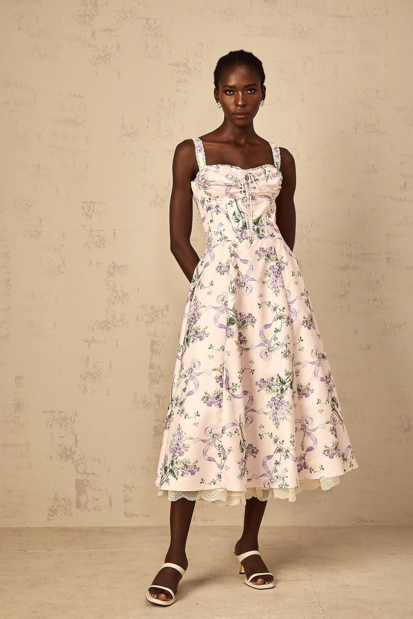 Eole Pink Floral Print Shirred Midi Dress