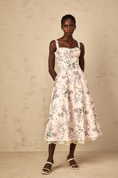 Eole Pink Floral Print Shirred Midi Dress