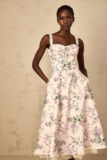 Eole Pink Floral Print Shirred Midi Dress