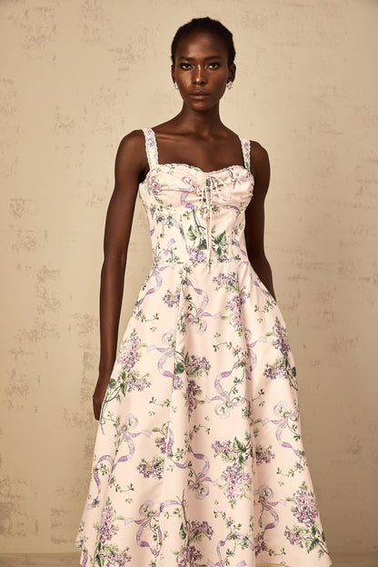 Eole Pink Floral Print Shirred Midi Dress