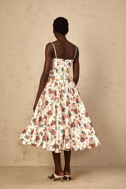 Airelle White Rose Print Flounced Midi Dress