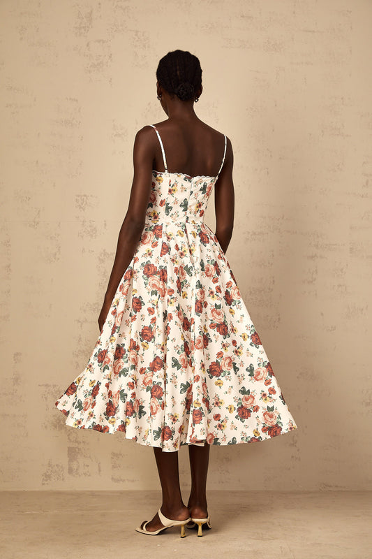Airelle White Rose Print Flounced Midi Dress